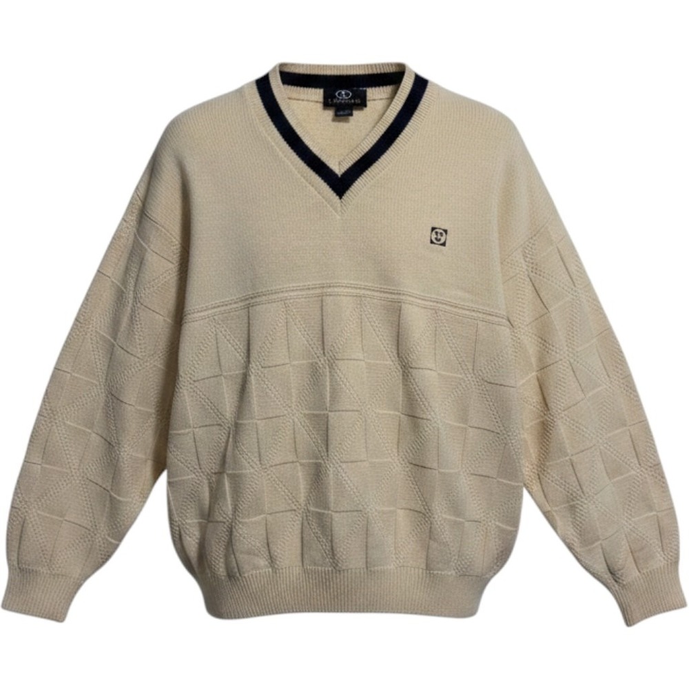 Vantage Vintage Cable Knit Sweater Mens‎ XL Cream V Neck Golf Tennis 90s